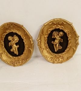 Vintage 3D Ardco Cupid Angel Cherub Oval Ceramics Wall Plaques Gold Tone